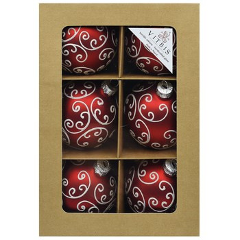 Vitbis Bombka szklana czerwona w białe zawijasy 80mm 6szt.