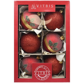 Vitbis Bombka szklana czerwona dekorowana w ostrokrzew 80mm 6szt.
