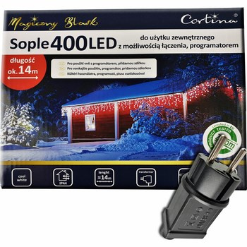Lampki 400 LED sople z programatorem na transformator + dodatkowe gniazdo na białym kablu cool white