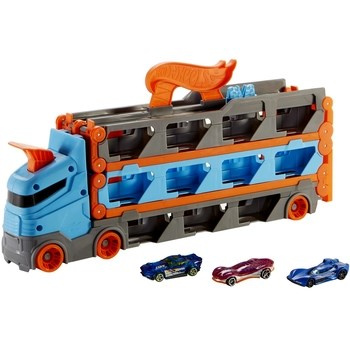 Hot Wheels Wyścigowy transporter 2w1 Ciężarówka z torem rajdowym + 3 samochodziki