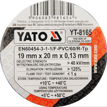 Taśma elektroizolacyjna 19mmx20mx0,13mm, czarna Yato