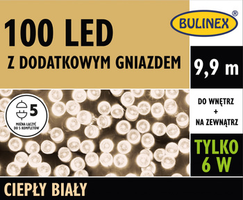 Lampki 100 LED biały ciepły z dodatkowym gniazdkiem i zasilaczem, 9,9M dekoracji, na zewnątrz i do wnętrz