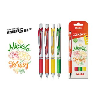Pentel Zestaw 4 piór kulkowych EnerGel - Mięsiste Cytrusy
