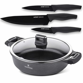 Rondel 28cm z pokrywą 4,1 l Valdinox Strong + komplet 3 noży kuchennych Valdinox Initio