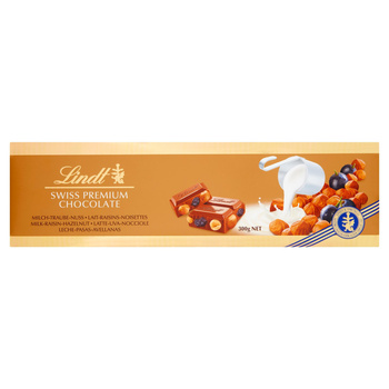 Lindt Szwajcarska czekolada mleczna z rodzynkami całymi orzechami laskowymi i migdałami 300 g