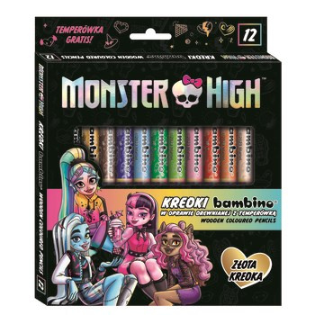 Kredki w oprawie drewnianej z nadrukiem 12 kolorów w opakowaniu kartonowym Monster High