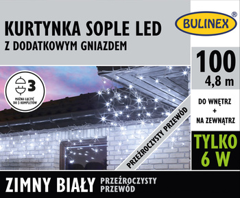 Kurtynka sople 100 LED biały zimny z dodatkowymgniazdkiem z zasilaczem, 4,8M dekoracji, na zewnątrz i do wnętrz