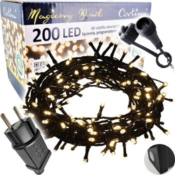 Lampki 200 LED na transformator + programator + dodatkowe gniazdo warm white