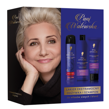 Pani Walewska Zestaw upominkowy (lakier extra mocny 250 ml + szampon 300 ml + odżywka 150 ml) włosy siwe
