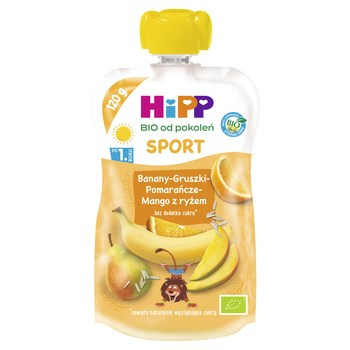 HiPP BIO Sport Mus owocowy po 1. roku banany-gruszki-pomarańcze-mango z ryżem 120 ml
