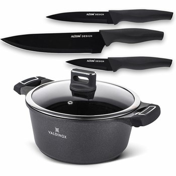Garnek 24cm z pokrywą 4,3 l Valdinox Strong + komplet 3 noży kuchennych Valdinox Initio