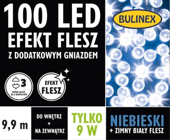 Lampki FLESZ 100 LED niebieski + biały zimny flesz z dodatkowym gniazdkiem z zasilaczem, 9,9M dekoracji, na zewnątrz i do wnętrz