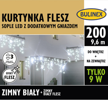 Kurtynka sople FLESZ 200 LED z dodatkowymgniazdkiem z zasilaczem, 9,6M dekoracji, na zewnątrz i do wnętrz