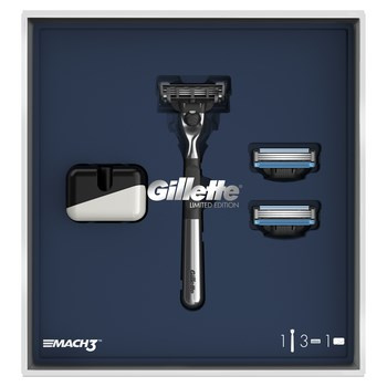Gillette Zestaw podarunkowy z chromowaną maszynką do golenia Mach3 + 2 ostrza + stojak