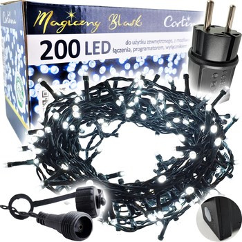 Lampki 200 LED na transformator + programator + dodatkowe gniazdo cool white