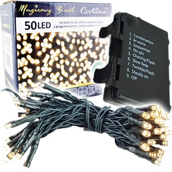 Lampki 50 LED z programatorem + timer nna baterie IP44 warm white