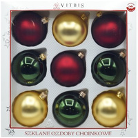 Vitbis Bombka szklana gładkie czerwony złoty zielony 80mm 9szt.