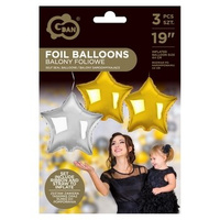 Balony foliowe B&C Gwiazdy złote i srebrne 19", 3 szt.