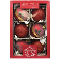 Vitbis Bombka szklana czerwona dekorowana w ostrokrzew 80mm 6szt.