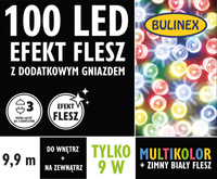 Lampki FLESZ 100 LED multikolor + biały flesz, z dodatkowym gniazdkiem z zasilaczem, 9,9M dekoracji, na zewnątrz i do wnętrz