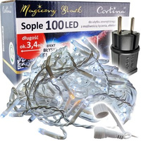 Lampki 100 LED sople na transformator + dodatkowe gniazdo + flash biały kabel