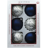 Vitbis Bombka szklana dekorowana gładka niebieska i srebrna 100mm 6szt. mix