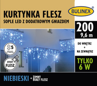 Kurtynka sople FLESZ 200 LED niebieski/biały flesz z dodatkowymgniazdkiem z zasilaczem, 9,6M dekoracji, na zewnątrz i do wnętrz
