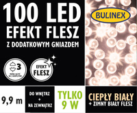 Lampki FLESZ 100 LED biały ciepły + biały zimny flesz, z dodatkowym gniazdkiem z zasilaczem, 9,9M dekoracji, na zewnątrz i do wnętrz